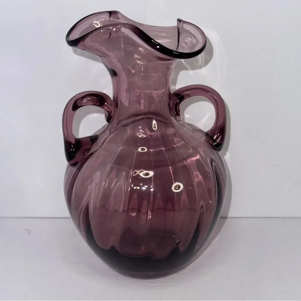purple amethyst Glass Vase Crimped Edges Double Handles 6 inches Tall